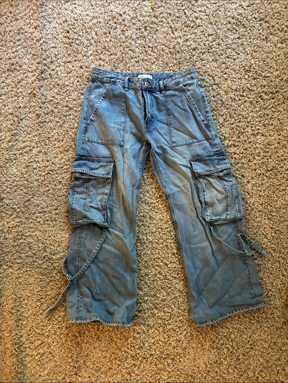 Zara Light Blue Denim Cargo Pants with Utility Pockets